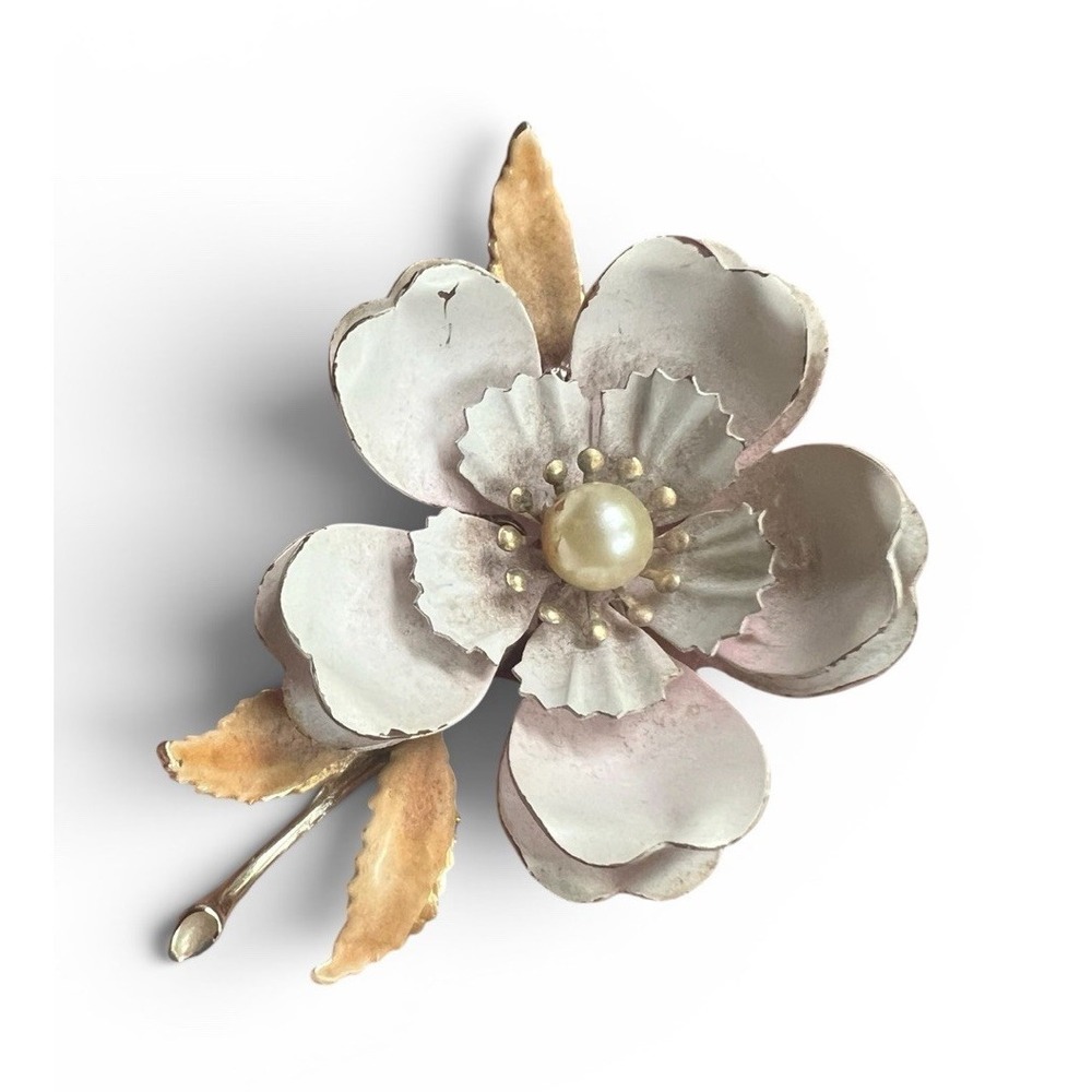 Faux Pearl Cream Coro Signed Flower Pin 3" Tall Nice Good Tone Leaves